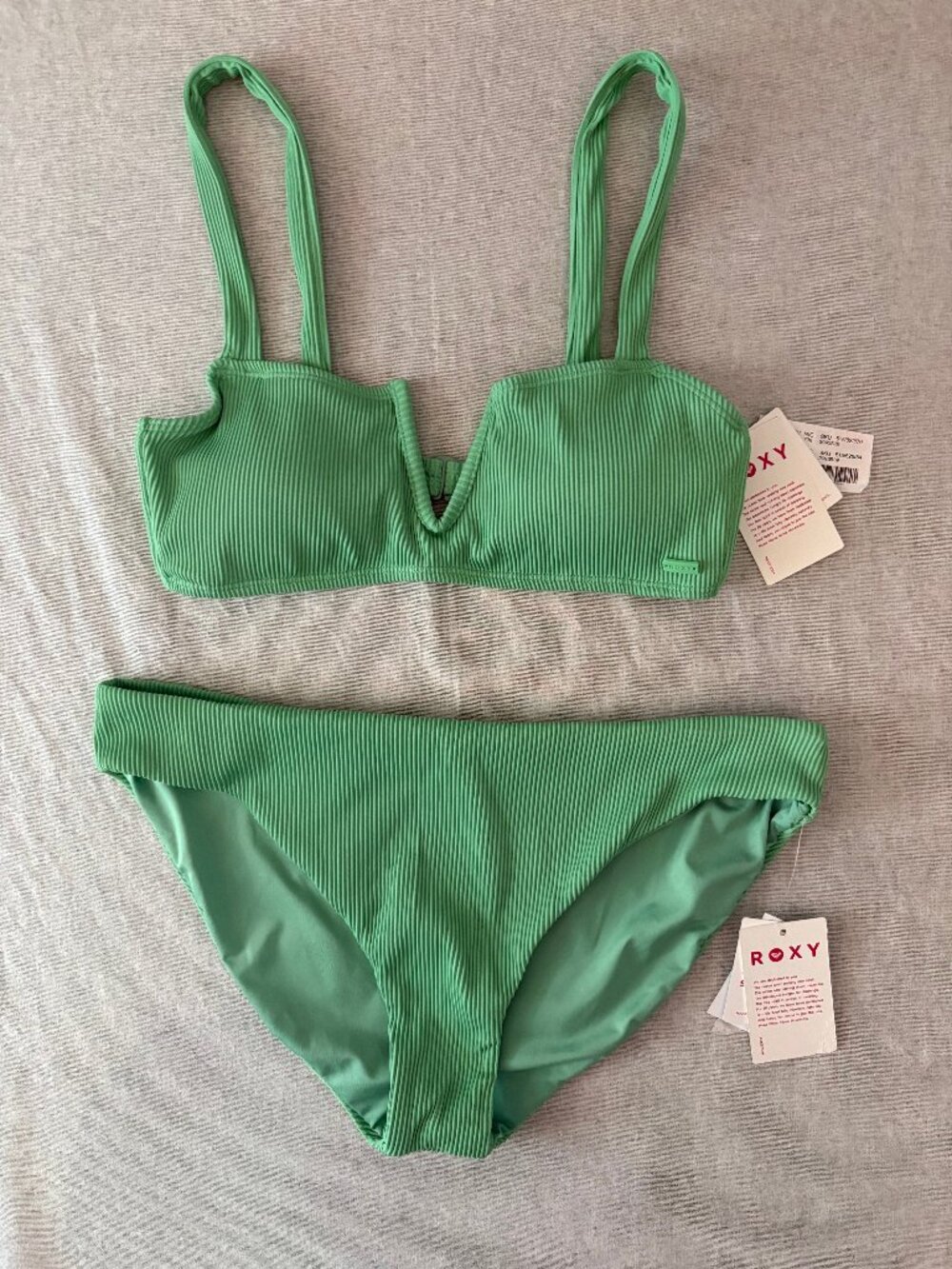 NWT Roxy Lime Green Ribbed Two Piece Bikini Set L XL